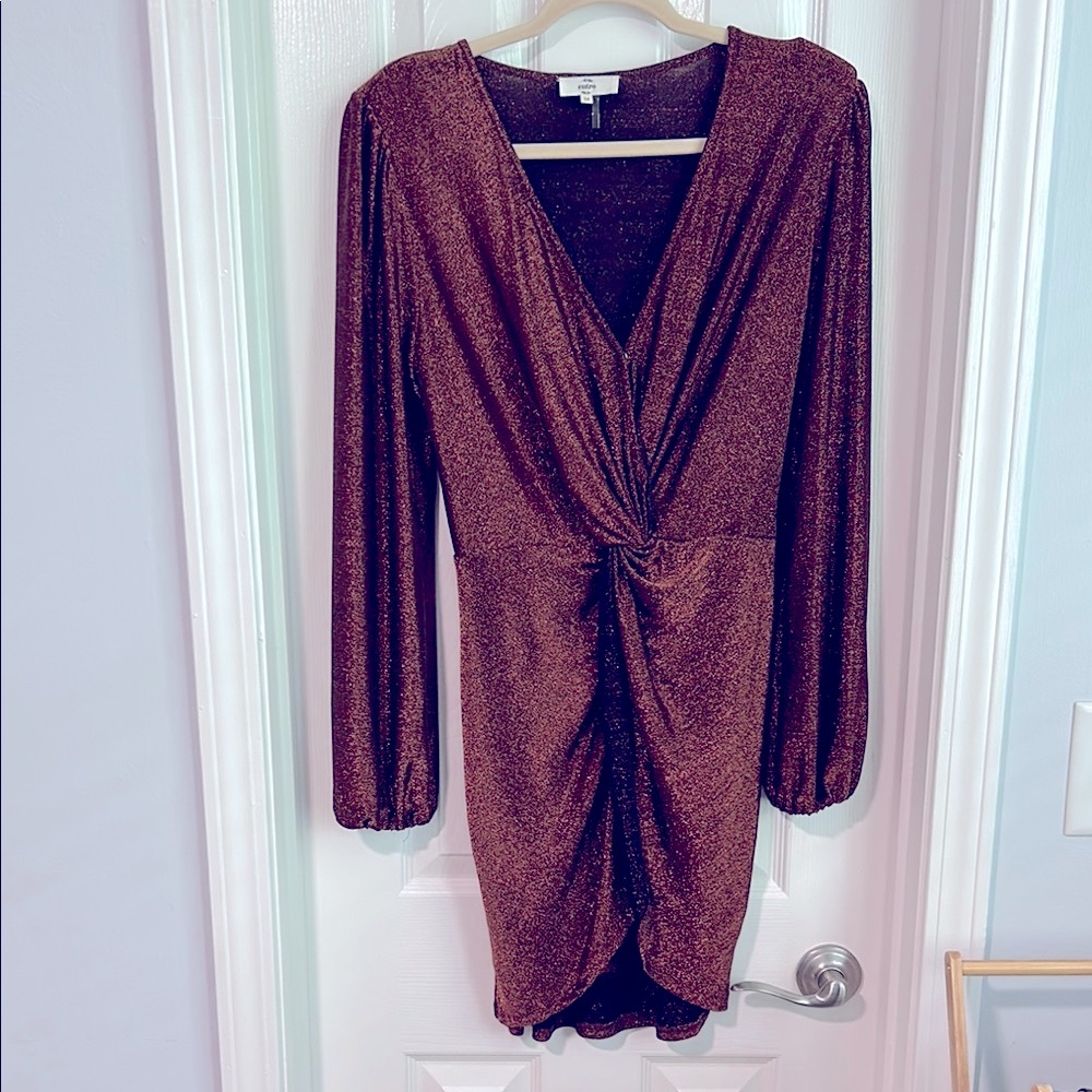 Entro Brown Ruched Wrap Dress with Plunge Neckline